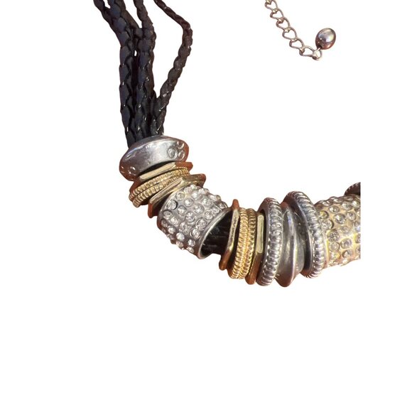 Chunky Chicos Necklace Black Braided Leather Mixed Metal Beads Multi Strand Adj - Picture 3 of 6
